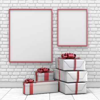 Mock up blank picture frame, Christmas decoration and gifts 3D render illustration