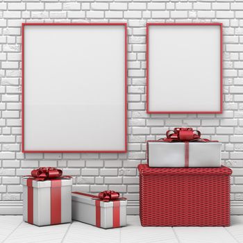 Mock up blank picture frame, Christmas decoration and gifts 3D render illustration