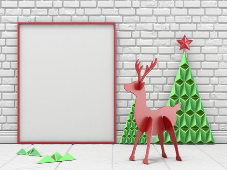 Mock up blank picture frame, Christmas decoration and reindeer with green Christmas trees 3D render illustration