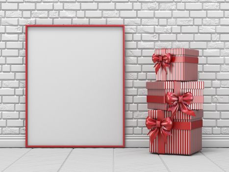 Mock up blank picture frame, Christmas decoration and striped gifts 3D render illustration
