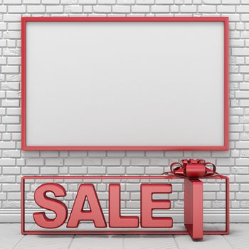 Mock up blank picture frame and text SALE into gift box 3D render illustration