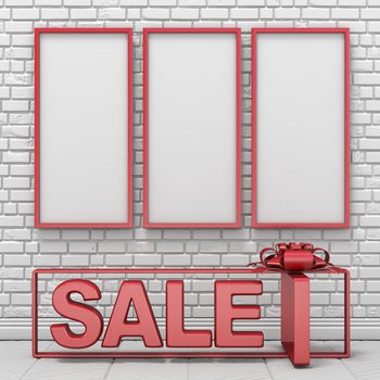 Three mock up blank picture frames and text SALE into gift box 3D render illustration