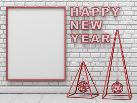 Mock up blank picture frame, Christmas decoration and Happy New Year TEXT 3D render illustration