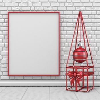 Mock up blank picture frame, Christmas decoration and wireframe decoration 3D render illustration