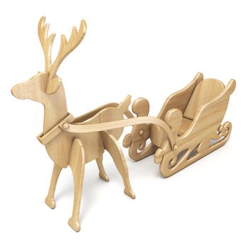 Wooden reindeer with sleigh 3D render illustration isolated on white background