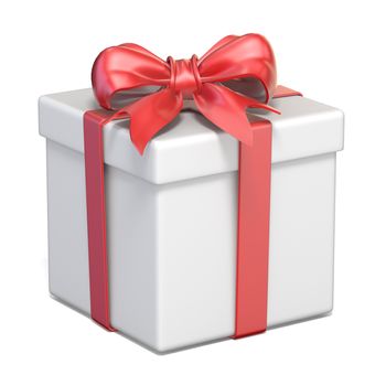 White gift box and red ribbon bow 3D render illustration isolated on white background