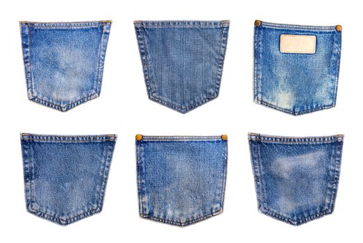 collection of Denim blue jeans pocket isolated on white background