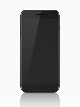 Modern black smartphone with blank black screen. Generic mobile smart phone with reflection on white background, 3d render. High resolution.