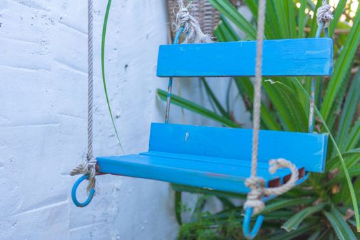 Rope swing under tree in the garden.