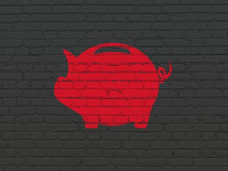 Banking concept: Painted red Money Box icon on Black Brick wall background