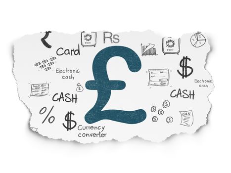 Money concept: Painted blue Pound icon on Torn Paper background with  Hand Drawn Finance Icons