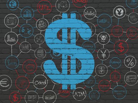 Banking concept: Painted blue Dollar icon on Black Brick wall background with Scheme Of Hand Drawn Finance Icons