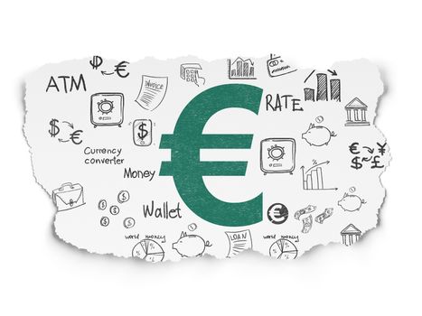 Banking concept: Painted green Euro icon on Torn Paper background with  Hand Drawn Finance Icons