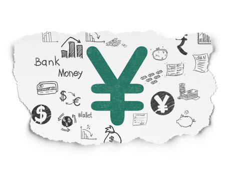 Banking concept: Painted green Yen icon on Torn Paper background with  Hand Drawn Finance Icons