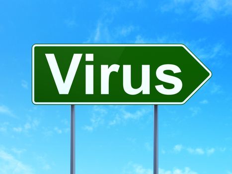Safety concept: Virus on green road highway sign, clear blue sky background, 3D rendering