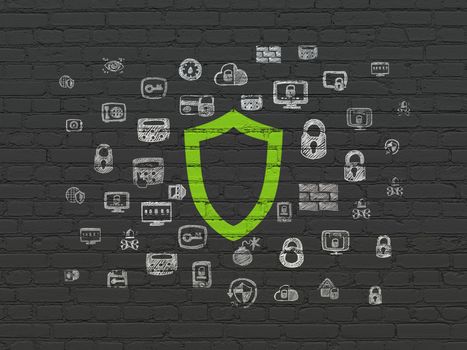 Protection concept: Painted green Contoured Shield icon on Black Brick wall background with  Hand Drawn Security Icons