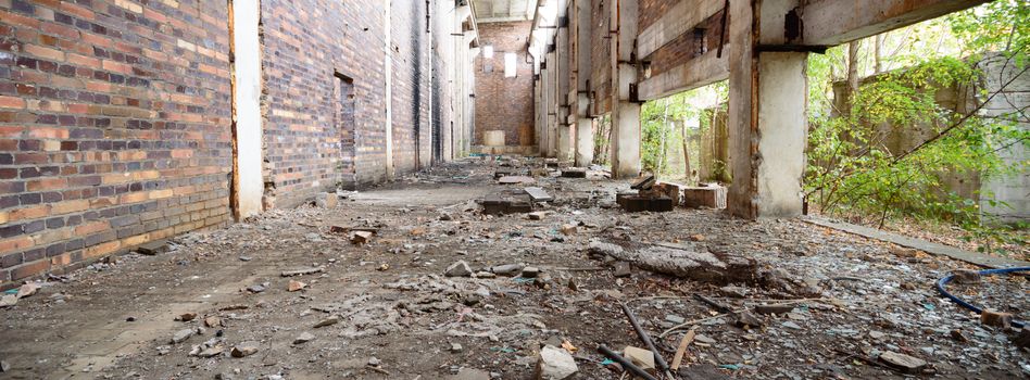 wide angle view of an old wall abandoned factory building