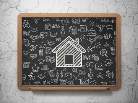 Business concept: Chalk White Home icon on School board background with  Hand Drawn Business Icons, 3D Rendering