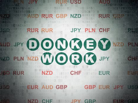 Business concept: Painted green text Donkey Work on Digital Data Paper background with Currency