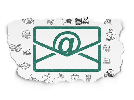 Finance concept: Painted green Email icon on Torn Paper background with  Hand Drawn Business Icons