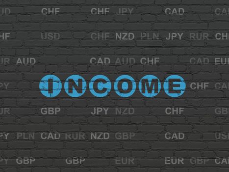 Finance concept: Painted blue text Income on Black Brick wall background with Currency
