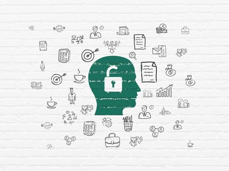 Finance concept: Painted green Head With Padlock icon on White Brick wall background with  Hand Drawn Business Icons