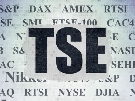 Stock market indexes concept: Painted black text TSE on Digital Data Paper background with   Tag Cloud