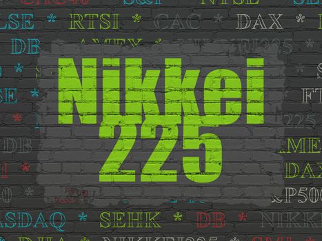 Stock market indexes concept: Painted green text Nikkei 225 on Black Brick wall background with  Tag Cloud