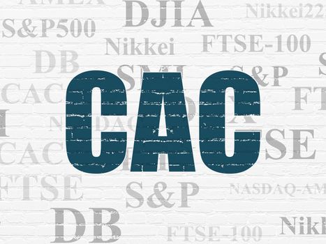 Stock market indexes concept: Painted blue text CAC on White Brick wall background with  Tag Cloud