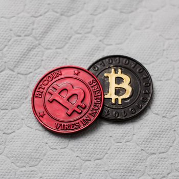 Crypto currency physical bitcoin coin. Bitcoin tokens digital money concept.