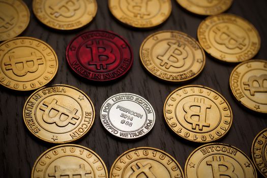 Crypto currency physical bitcoin coin. Bitcoin tokens digital money concept.