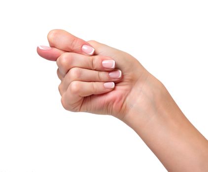 Closeup shot of hand gesture, isolated on white background