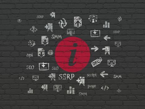 Web design concept: Painted red Information icon on Black Brick wall background with  Hand Drawn Site Development Icons