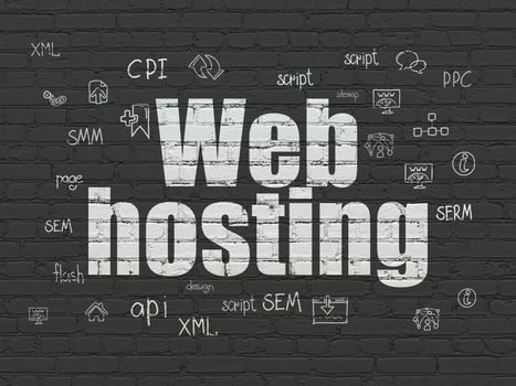 Web design concept: Painted white text Web Hosting on Black Brick wall background with  Hand Drawn Site Development Icons