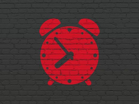 Time concept: Painted red Alarm Clock icon on Black Brick wall background