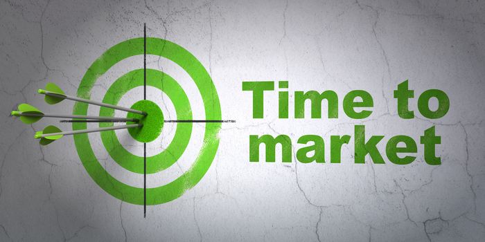 Success timeline concept: arrows hitting the center of target, Green Time to Market on wall background, 3D rendering