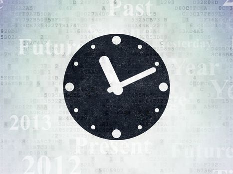 Time concept: Painted black Clock icon on Digital Data Paper background with  Tag Cloud
