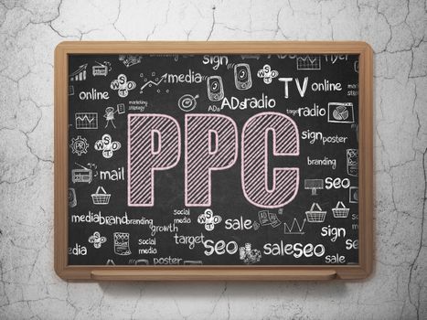 Marketing concept: Chalk Pink text PPC on School board background with  Hand Drawn Marketing Icons, 3D Rendering