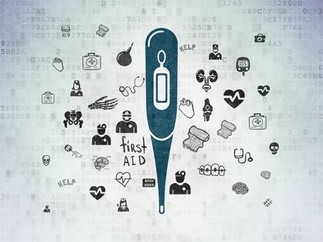 Medicine concept: Painted blue Thermometer icon on Digital Data Paper background with  Hand Drawn Medicine Icons
