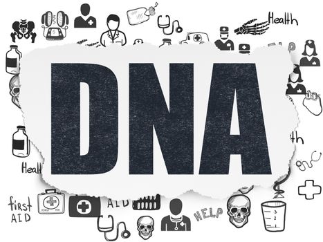 Healthcare concept: Painted black text DNA on Torn Paper background with  Hand Drawn Medicine Icons