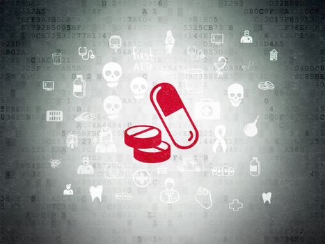 Healthcare concept: Painted red Pills icon on Digital Data Paper background with  Hand Drawn Medicine Icons