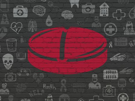 Health concept: Painted red Pill icon on Black Brick wall background with  Hand Drawn Medicine Icons