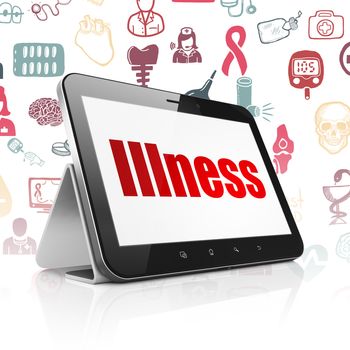 Medicine concept: Tablet Computer with  red text Illness on display,  Hand Drawn Medicine Icons background, 3D rendering