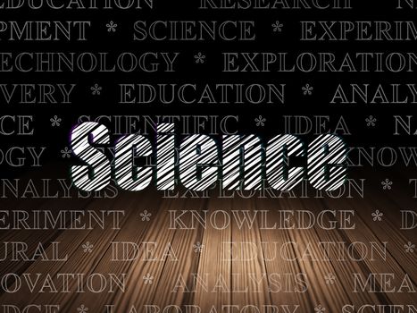 Science concept: Glowing text Science in grunge dark room with Wooden Floor, black background with  Tag Cloud