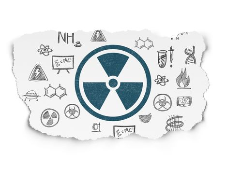 Science concept: Painted blue Radiation icon on Torn Paper background with  Hand Drawn Science Icons