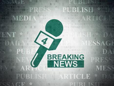 News concept: Painted green Breaking News And Microphone icon on Digital Data Paper background with  Tag Cloud