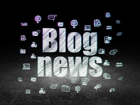 News concept: Glowing text Blog News,  Hand Drawn News Icons in grunge dark room with Dirty Floor, black background