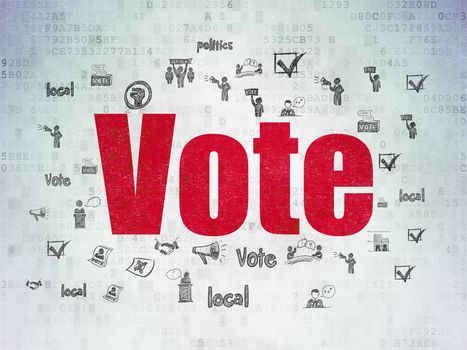Political concept: Painted red text Vote on Digital Data Paper background with  Hand Drawn Politics Icons