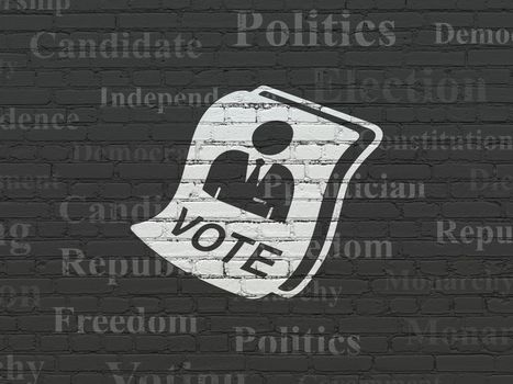 Political concept: Painted white Ballot icon on Black Brick wall background with  Tag Cloud