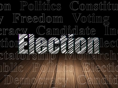 Politics concept: Glowing text Election in grunge dark room with Wooden Floor, black background with  Tag Cloud